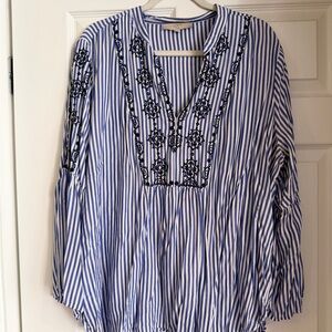 LOFT Blue Striped Blouse with Black Embroidery